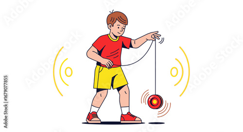 Youngster Plays With Yo-yo, Classic Sport, Retro Toy, Artistic Illustration