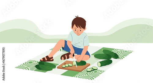 Youngster Prepares Fresh Cucumber Slices On Outdoor Picnic Setting Artwork