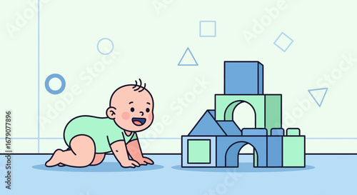 A delightful illustration of a baby crawling towards a colorful block building construction
