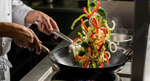 Photo of a chef tosses colorful vegetables and noodles in a wok, creating a dynamic culinary display