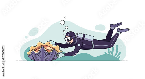 A diver exploring giant clam underwater looking for precious pearls in this vector illustration