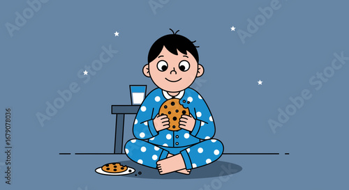 Youngster Relishes Midnight Snack Of Cookies And Milk In Pajamas