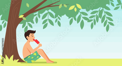 Youngster Relaxes Under Tree While Enjoying Tasty Fruit Ice Pop In Summer Heat