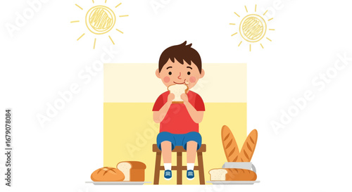 Youngster Savors Tasty Bread Slice While Sitting, Surrounded by Freshly Baked Loaves