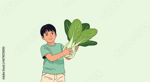 Youngster Showcasing Freshly Harvested Bok Choy, Symbolizing Healthy Eating Habits