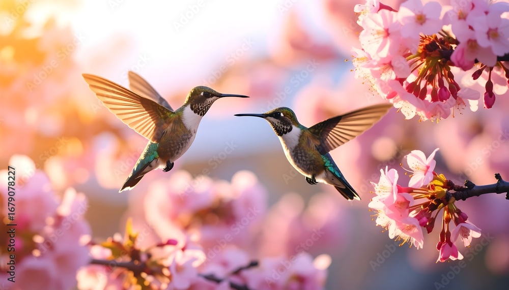 Fototapeta premium Two hummingbirds in flight, amidst a vibrant display of pink cherry blossoms in soft sunlight