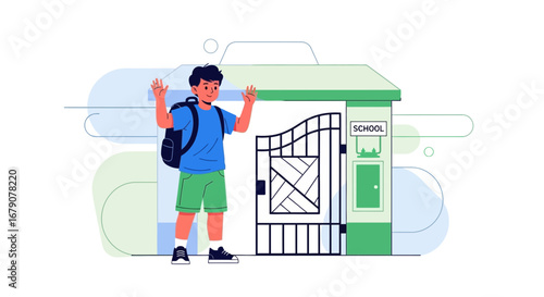 Youngster With Backpack Exits School, Waving Goodbye to Education and Ready Adventure