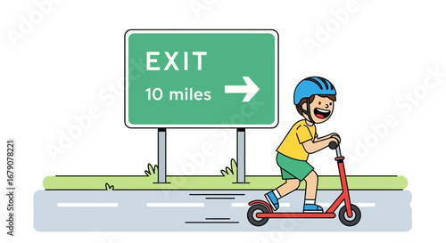 Youngster Traveling Happily On A Scooter Toward the Exit Sign On A Road