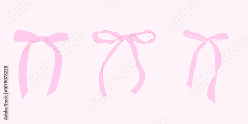 Set of cute pink ribbons. Vintage girly bows. Hand drawn vector illustration.