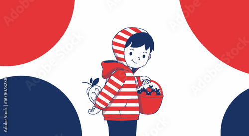 Youngster With Basket And Fruit Standing Against A Minimalistic Red White And Blue Backdrop