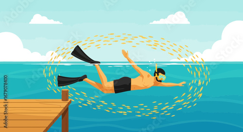A Diver Swims Underwater, Surrounded By Fish, Enjoying The Sea and Sunlight