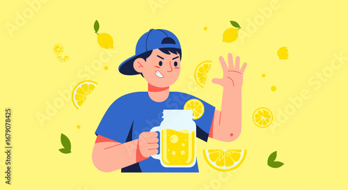 Youngster's Lemonade Joy: A Refreshing Illustration of Summer Elation and Zestful Taste