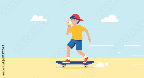 Youthful Exuberance Personified: A Skateboarder Enjoys A Refreshing Treat On A Sunny Day