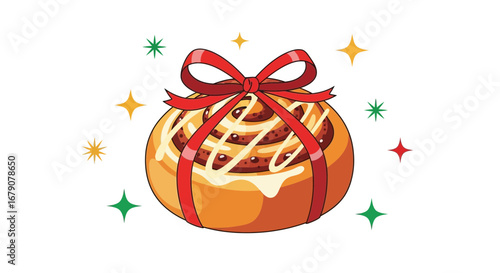 A festive and delicious cartoon cinnamon roll gift tied with a red ribbon for holidays