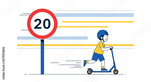 Youthful Speed: A Cartoon Illustration of a Boy Riding Scooter By Limit Sign
