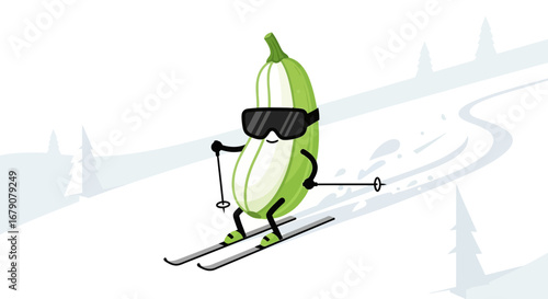 Zucchini Enjoying Winter Vacation on Skis Funny Cartoon Character Illustration