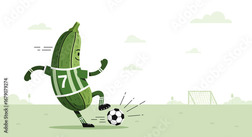 Zucchini Character Kicks Soccer Ball on Green Field with Goal and Clouds
