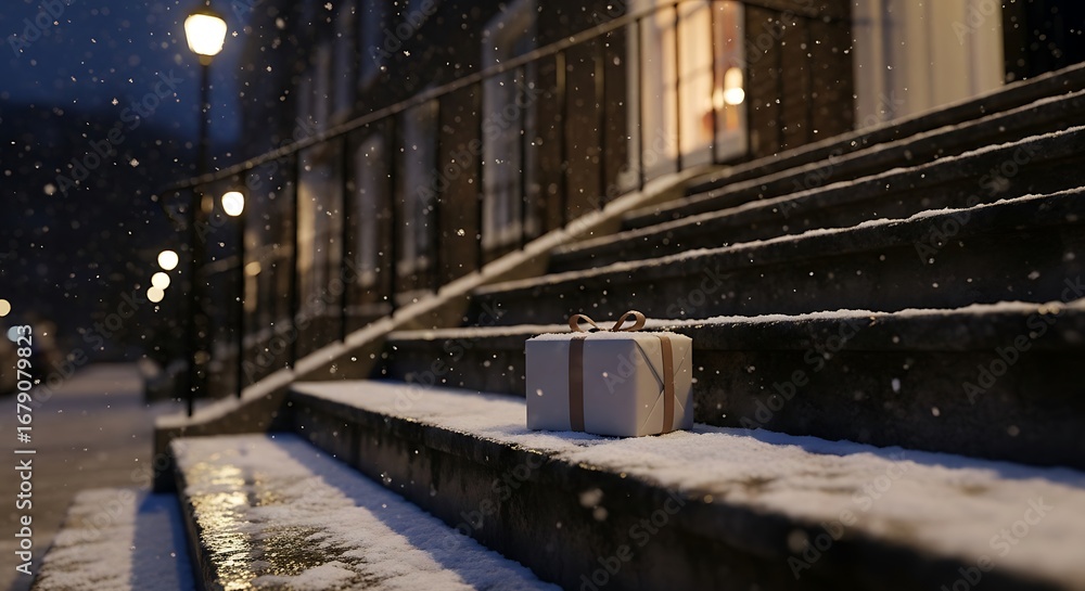 Obraz premium Snowy doorstep with a wrapped gift on steps during a winter evening, holiday season concept