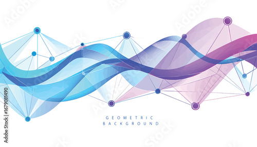 Dynamic flowing particles and network plexus in a blue and purple digital wave form illustration