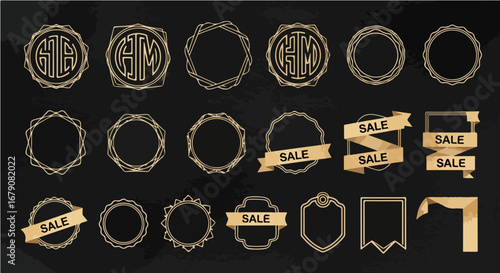 Luxurious assortment of golden geometric frames, ornate borders, and classic 'SALE' banners for sophisticated design projects and elegant announcements
