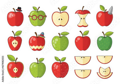 Collection of various apples in different styles and states of consumption