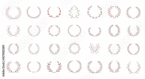 Elegant vector collection of thirty delicate rose gold laurel wreaths and botanical frames for celebratory design elements