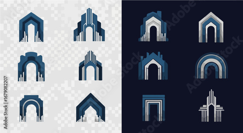 Set of abstract blue geometric archway and building entrance symbols for corporate identity design