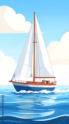 A vibrant illustration showcases a sailboat gliding smoothly across a tranquil body of water under a partly cloudy sky.