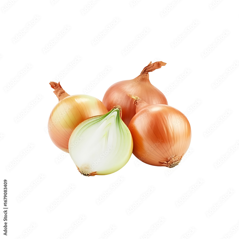 Fototapeta premium A cluster of three whole yellow onions is shown with a fourth one that has been cut in half.