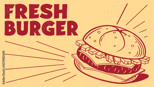 Illustration of a fresh burger with rays emanating from it and the words fresh burger on top left