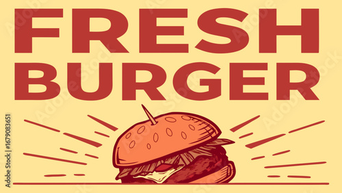 Illustration of a fresh burger with rays emanating from it and fresh burger text above it