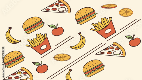 Illustration showing a pattern of various foods including pizza burger fries and fruits on a light background
