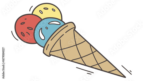 Cartoon ice cream cone with three scoops of different flavors in a waffle cone illustration art