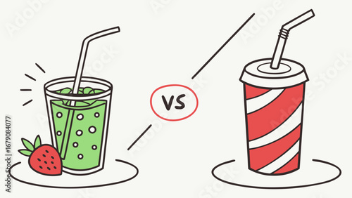 Comparison between a green smoothie in a glass and a red and white soda in a paper cup with straws