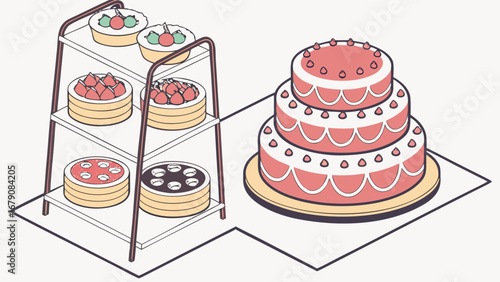 Illustration of a three tier cake next to a three tiered display of assorted cakes and pastries