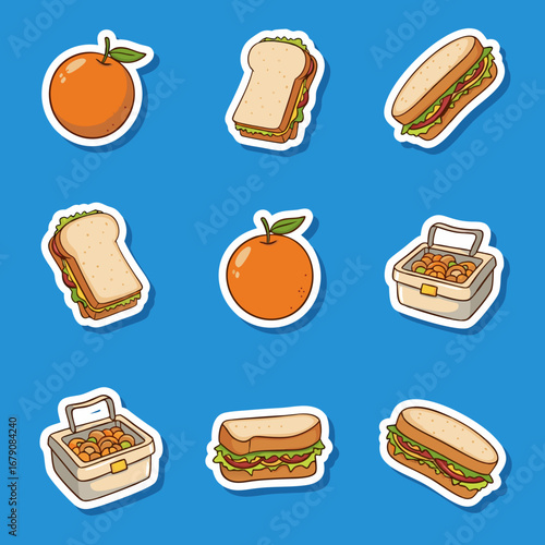 A detailed cartoon sticker set for a packed lunch, featuring a variety of sandwiches, oranges, and lunch boxes with fried chicken or nuggets.