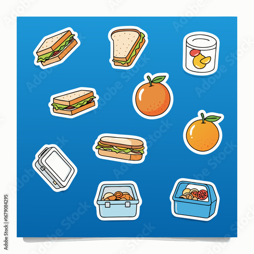 A detailed cartoon sticker set of packed lunch essentials, featuring various sandwiches, oranges, lunch boxes, and a can of peaches. Perfect for school and work themes.