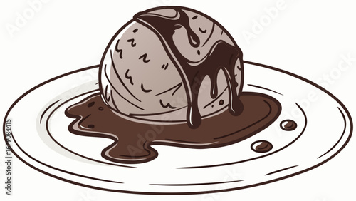 Illustration of a single scoop of ice cream with chocolate syrup on a white plate dessert treat sweet food
