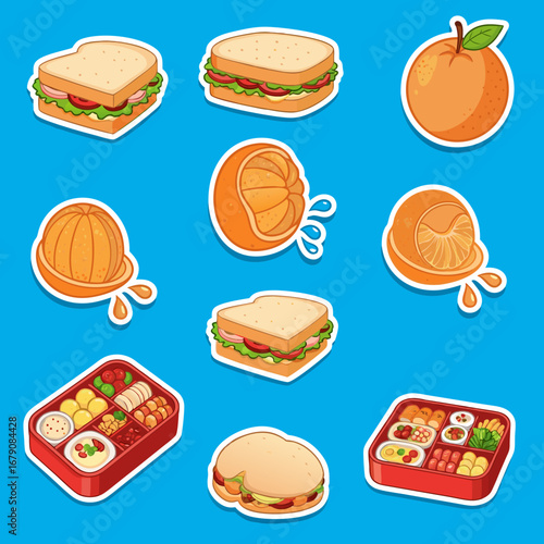 A delicious sticker set of lunch illustrations, featuring Western-style sandwiches and detailed Japanese bento boxes with various foods, on a blue background.