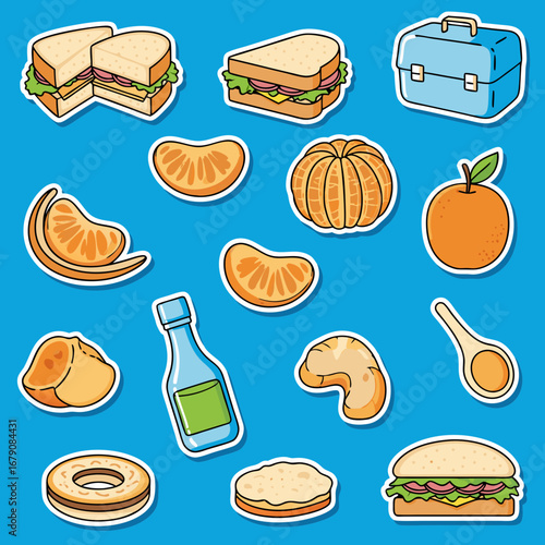 A charming, hand-drawn sticker set of lunch items, featuring sandwiches, a lunch box, and detailed illustrations of tangerines, both whole and sliced.