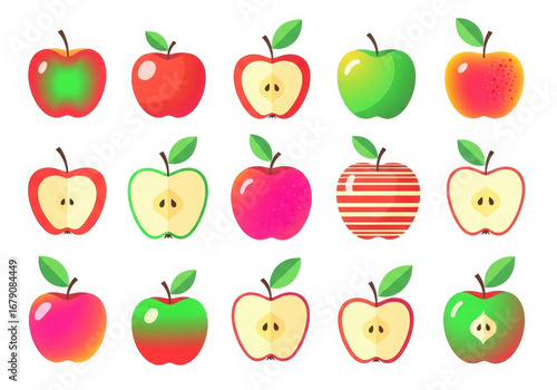 Collection of fresh apples in various colors and styles with green leaves