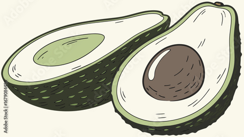 Two avocado halves are displayed one with a pit and the other showing the green flesh inside it