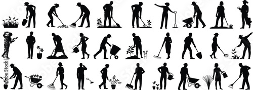 Silhouette, gardening, planting, watering, digging, raking, pruning, harvesting, wheelbarrow, tools, yard, work, vector, icons, set, black, isolated, design, reference, illustration