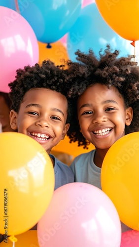 Two joyful children surrounded by colorful balloons