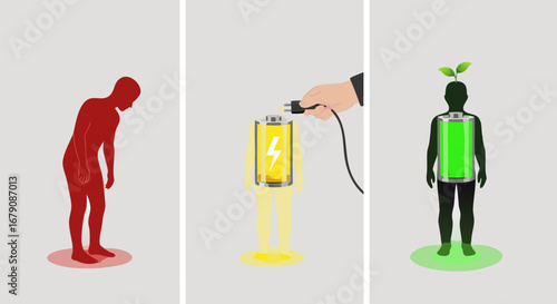 A triptych about burnout and rejuvenation. From complete exhaustion (red) to the process of recharging and new green energy (growth). A symbol of mental health and balance.