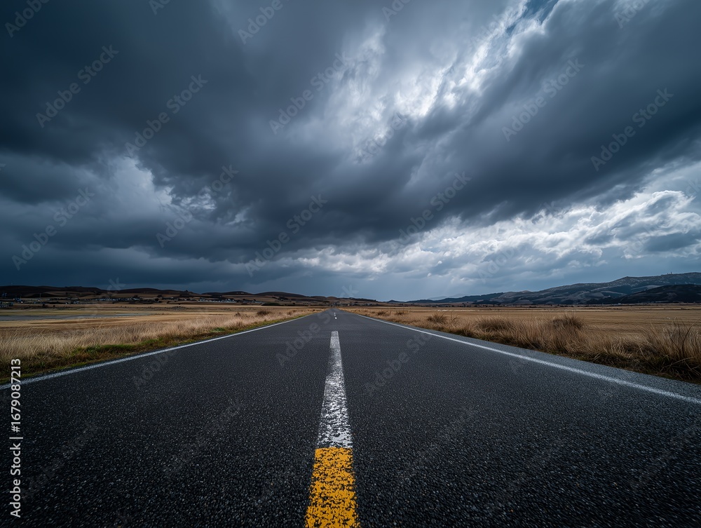 Naklejka premium 嵐の空と一直線に伸びる田舎道