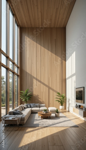 Spacious, modern living room with high ceilings features large sectional sofa, wooden flooring, and tall windows allowing natural light to flood space. Potted plants add touch of greenery