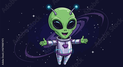 Friendly extraterrestrial waving in the cosmos, a cartoon alien amidst celestial stars and cosmic rings, evoking a sense of wonder and intergalactic