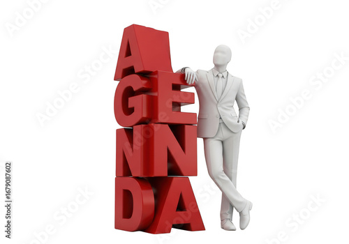 Man in suit leaning on red stacked letters spelling agenda isolated on transparent background