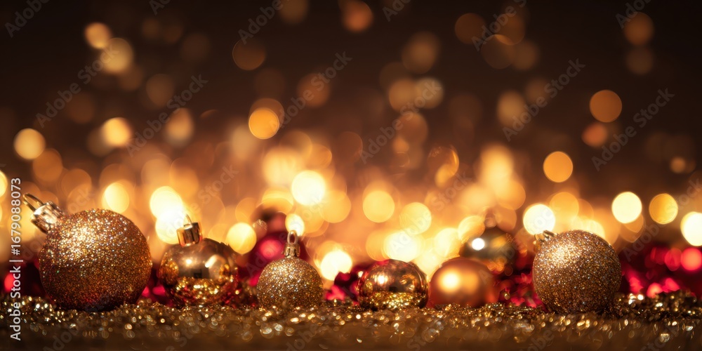 Fototapeta premium Shimmering Golden Christmas Ornaments with Glowing Light Background